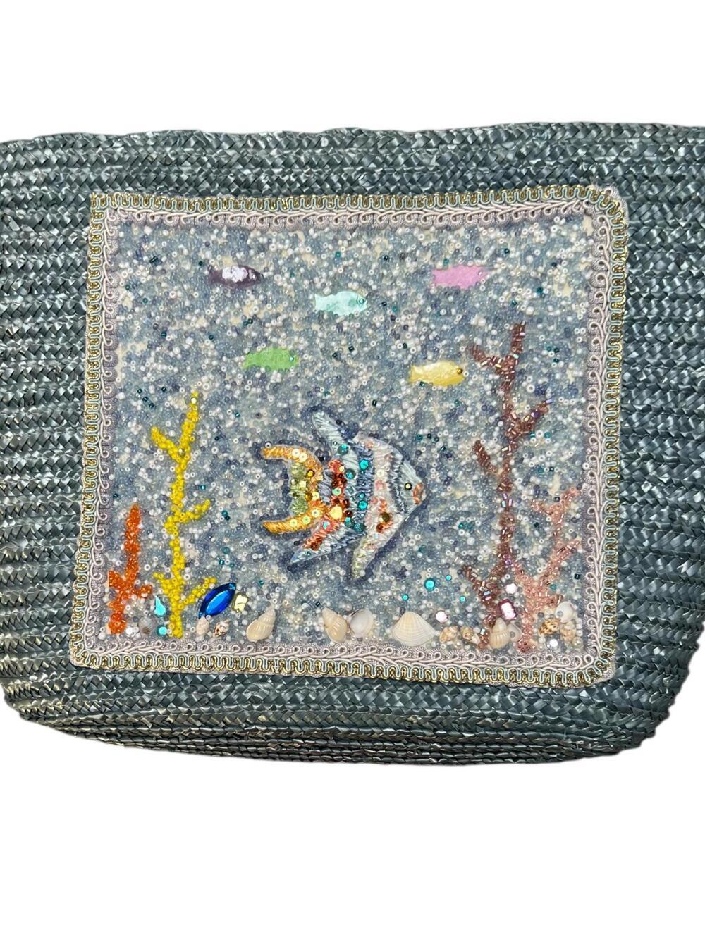Vintage Sequin and Beaded Fish Design Straw Tote Bag with Leather Handles - Picture 2 of 3